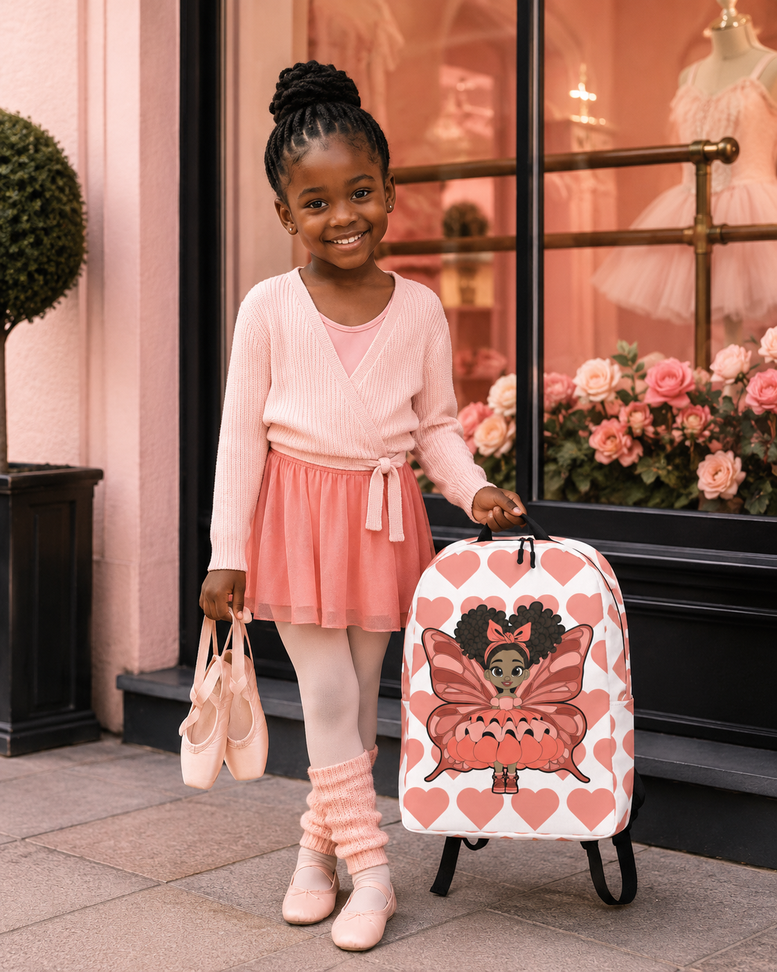 Coco Pixies Lovely Layla children’s backpack featuring a Black girl pixie and coral Signature Heart Pattern