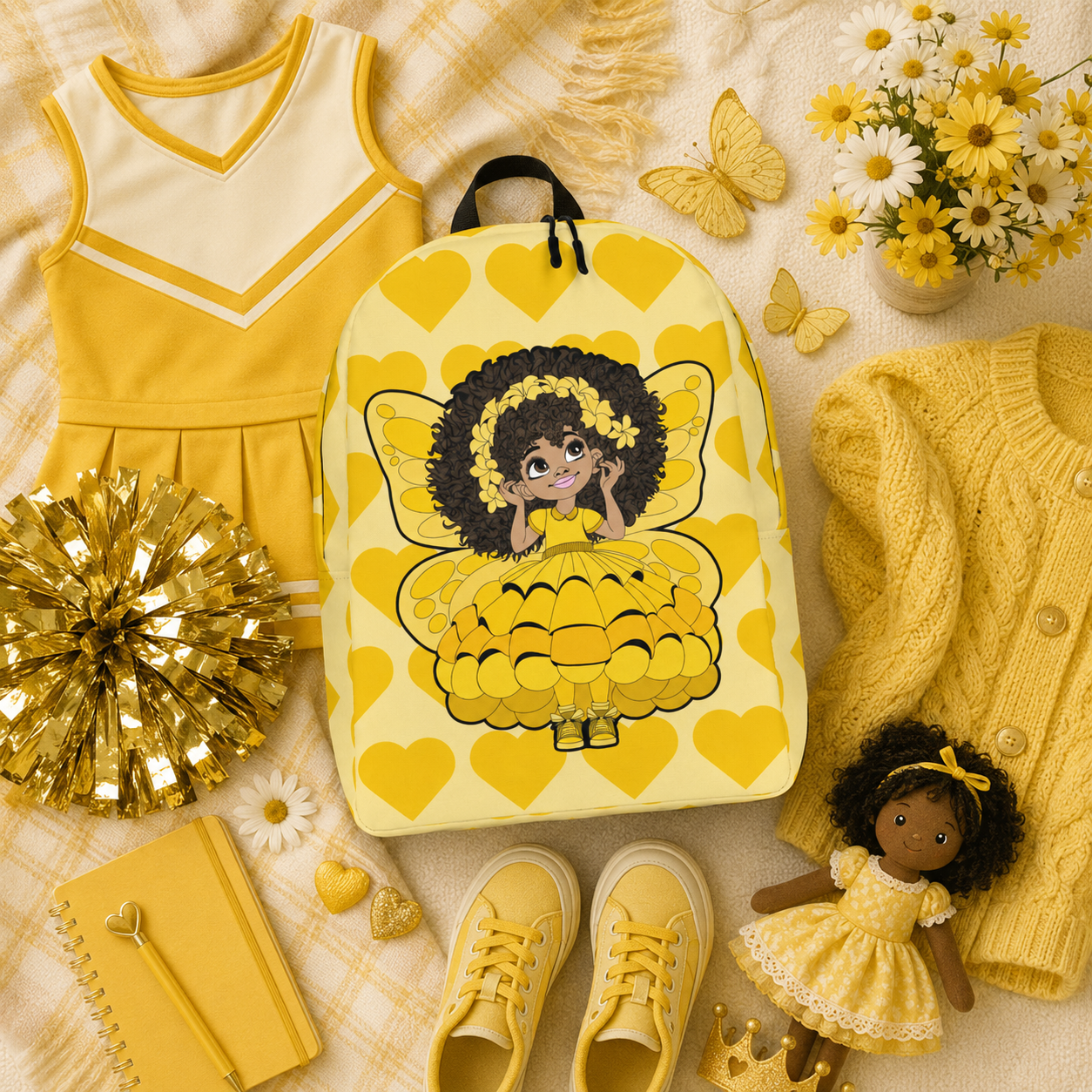 Blissful Brandie Pixie Backpack by Coco Pixies with golden yellow hearts, curly-haired Black girl pixie and yellow wings