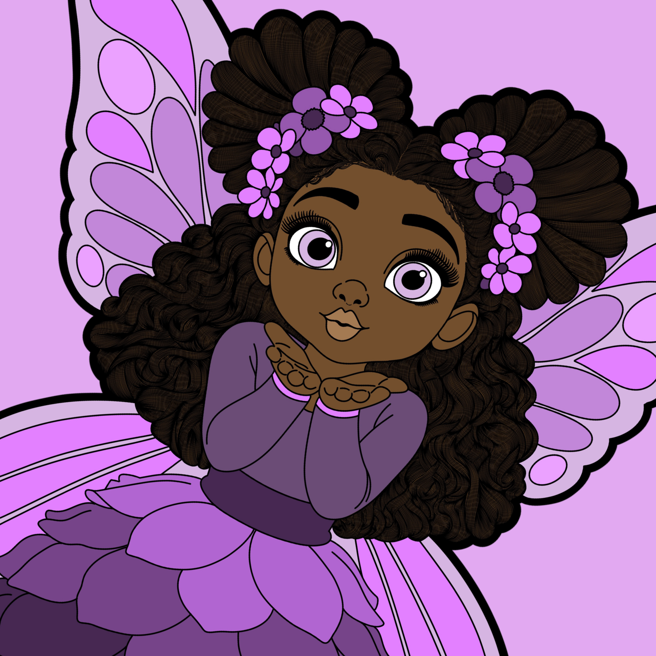 Amber Amazingpuff, a Black girl pixie with two large afo puffs, purple flowers in her hair, and lavender butterfly wings