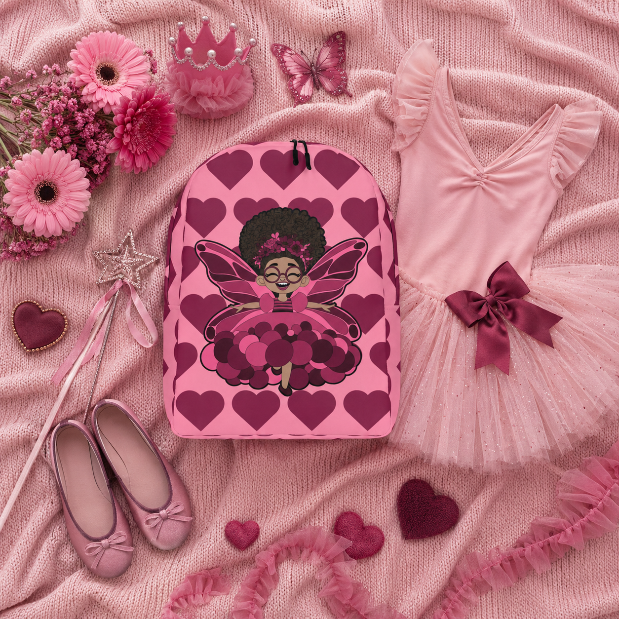 Coco Pixies Delightful Daisy backpack featuring a Black girl pixie and Berry Pink Signature Heart Pattern