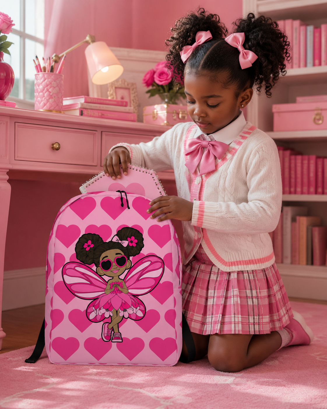 Coco Pixies Glitzy Gracelynn backpack featuring a Black pixie and bubblegum pink signature heart pattern