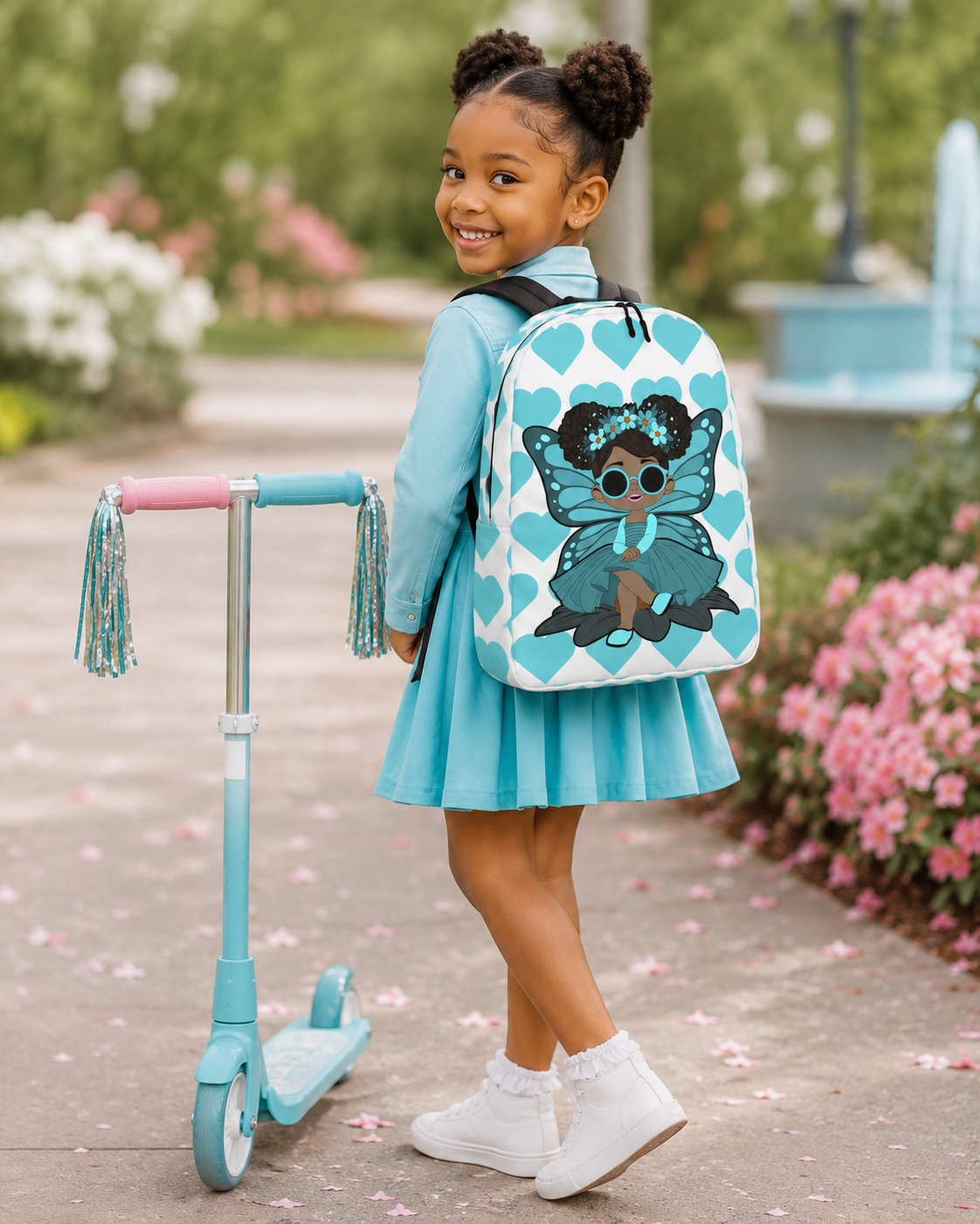 Coco Pixies Sassy Sammy backpack featuring a Black pixie character and aqua signature heart pattern