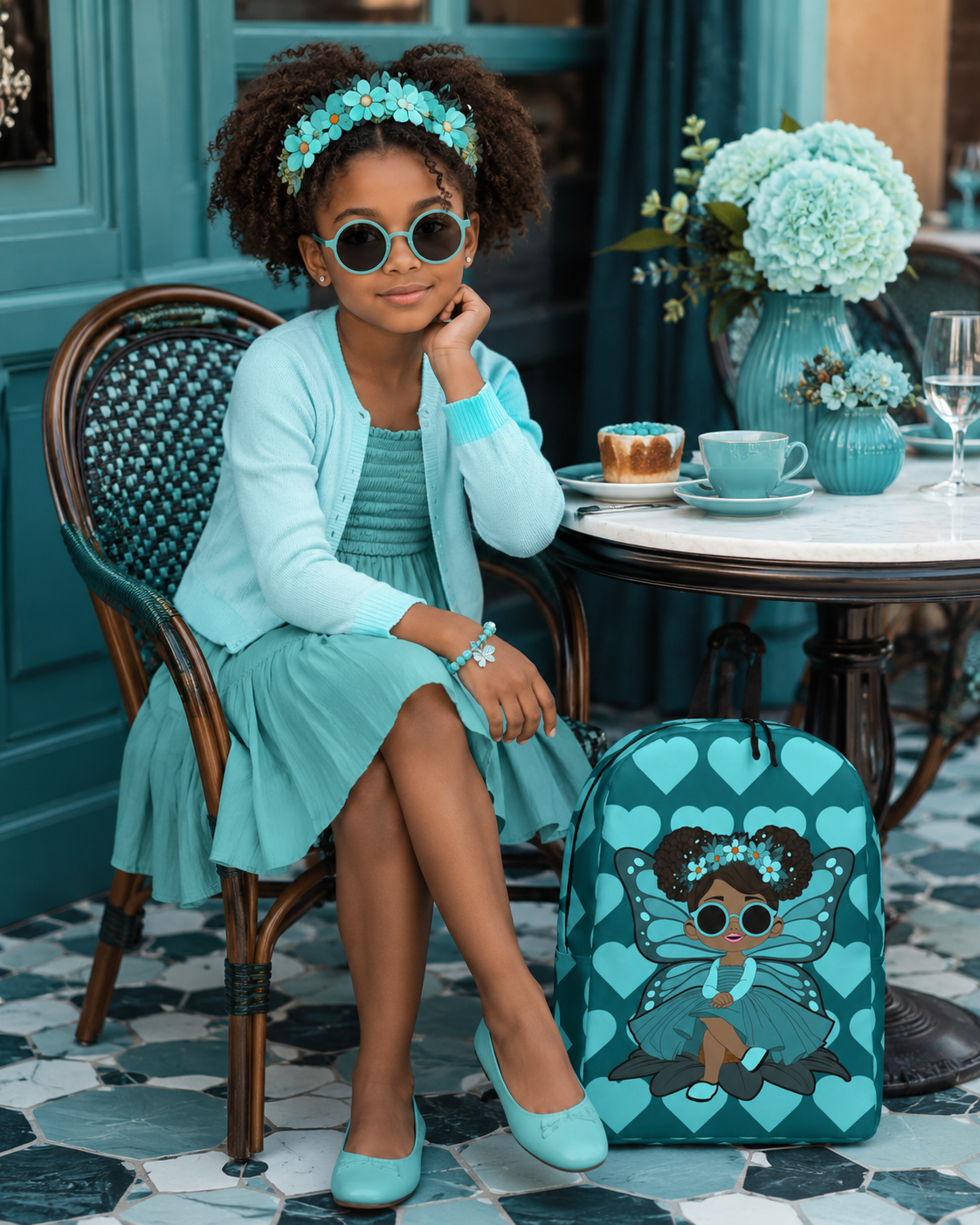 Coco Pixies Sassy Sammy backpack featuring a Black pixie character and deep teal signature heart pattern