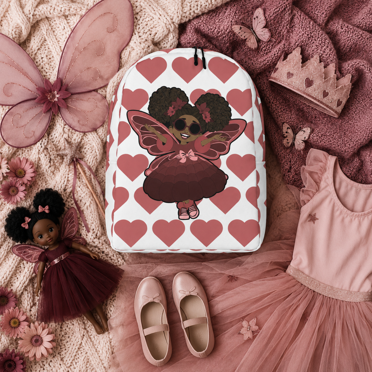 Coco Pixies Radiant Ruby character backpack featuring afro puffs, sunglasses and signature heart print