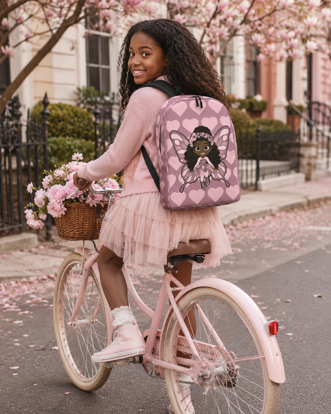 Coco Pixies Penelope Pixie Backpack featuring textured curls, pink wings and blush hearts on dusty rose
