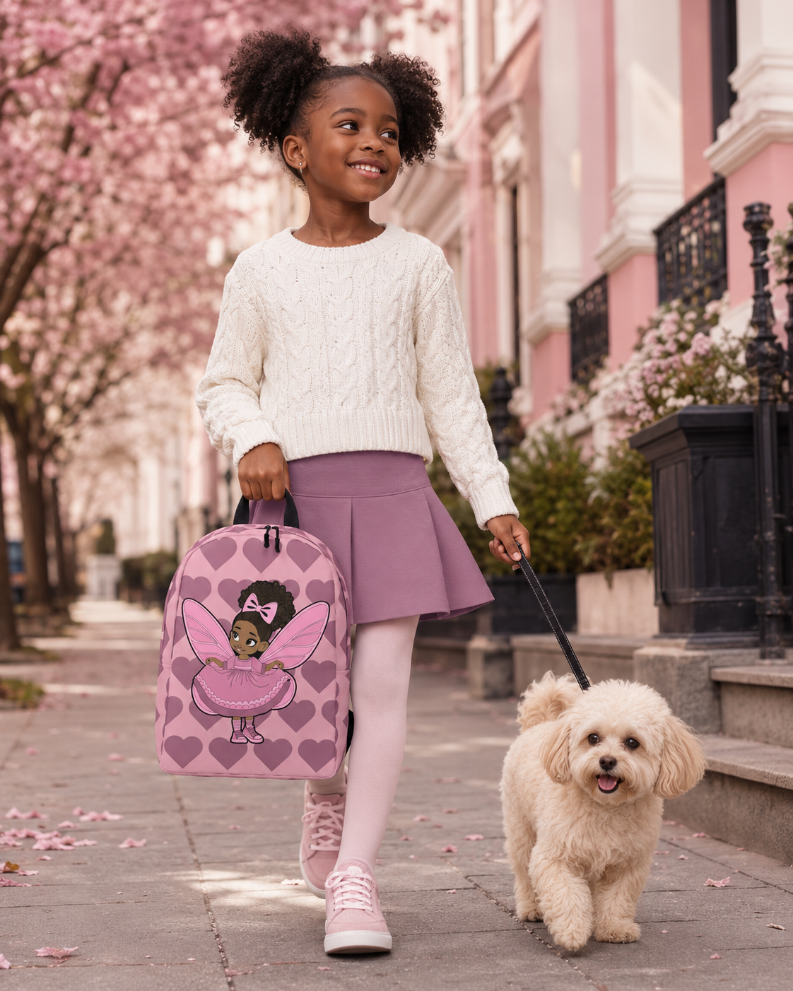 Coco Pixies Darling Daphne backpack with a curly afro puff character, pink wings and mauve hearts.