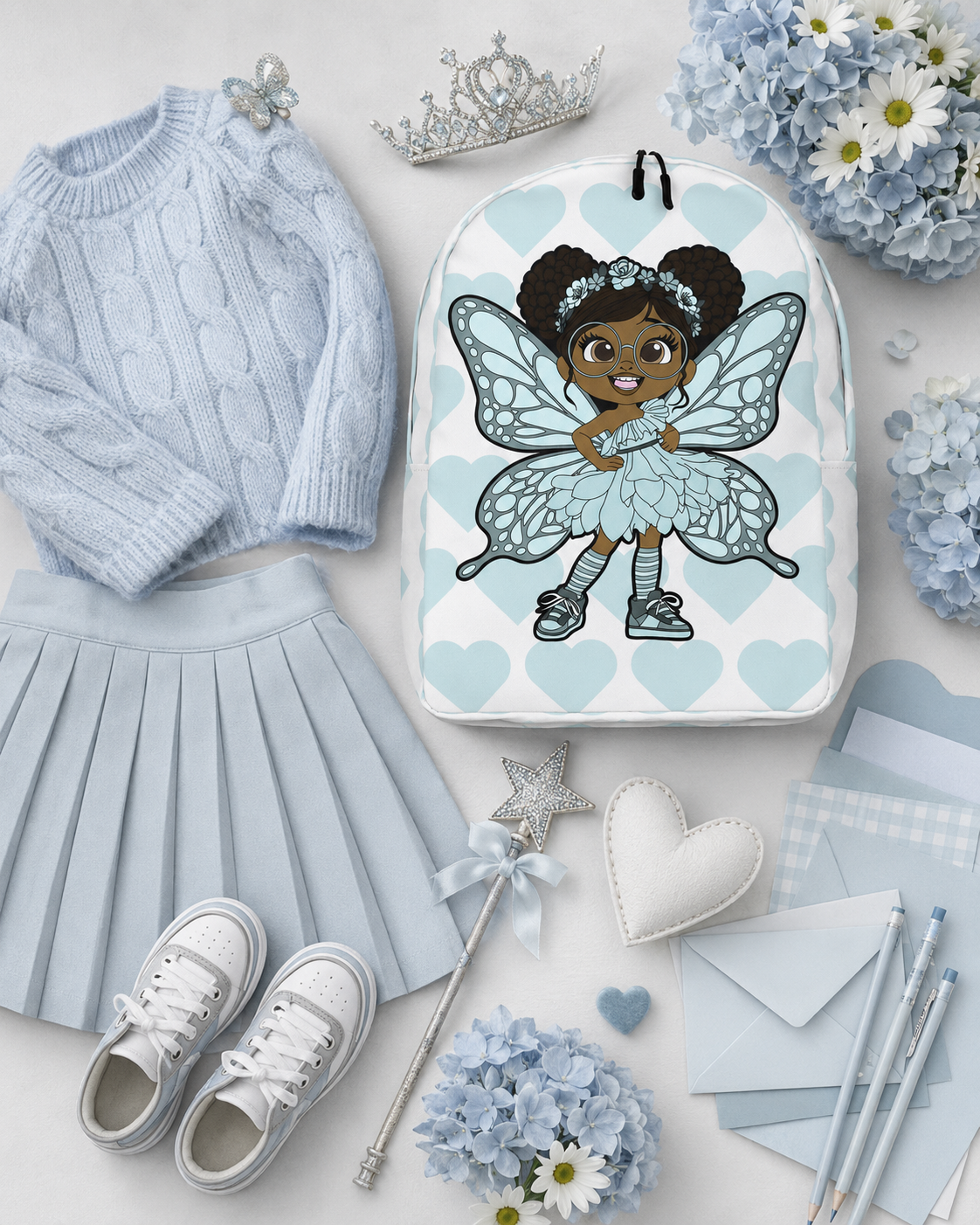 Coco Pixies JoJo Jollypuff backpack featuring afro puffs, glasses, aqua wings, and heart-patterned design