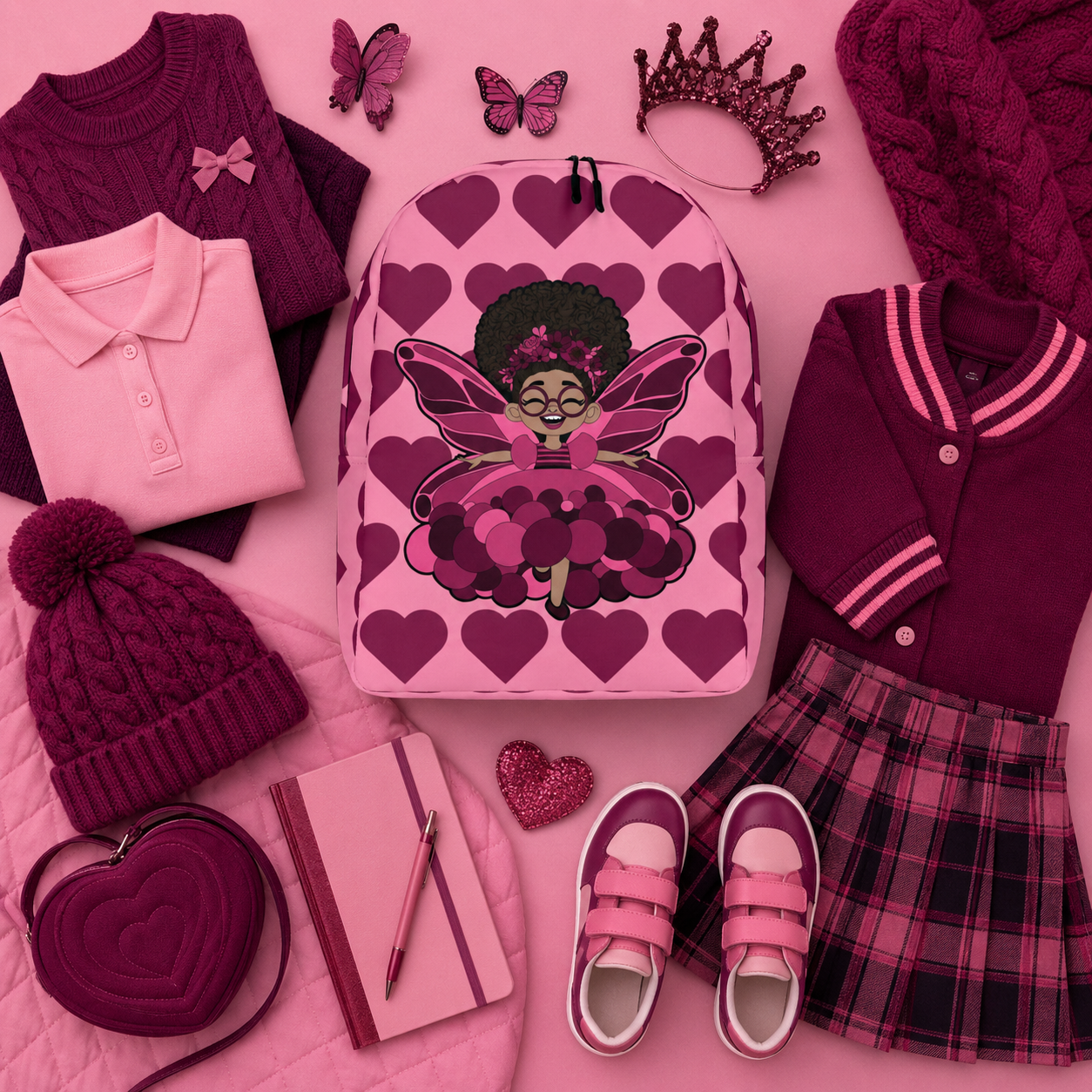 Coco Pixies Delightful Daisy backpack featuring a Black girl pixie and Berry Pink Signature Heart Pattern