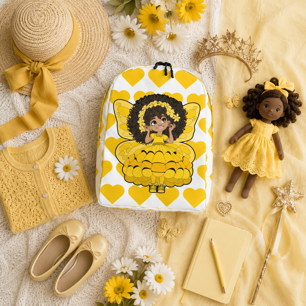 Blissful Brandie Pixie Backpack by Coco Pixies with a Black girl pixie, yellow wings and signature yellow heart pattern