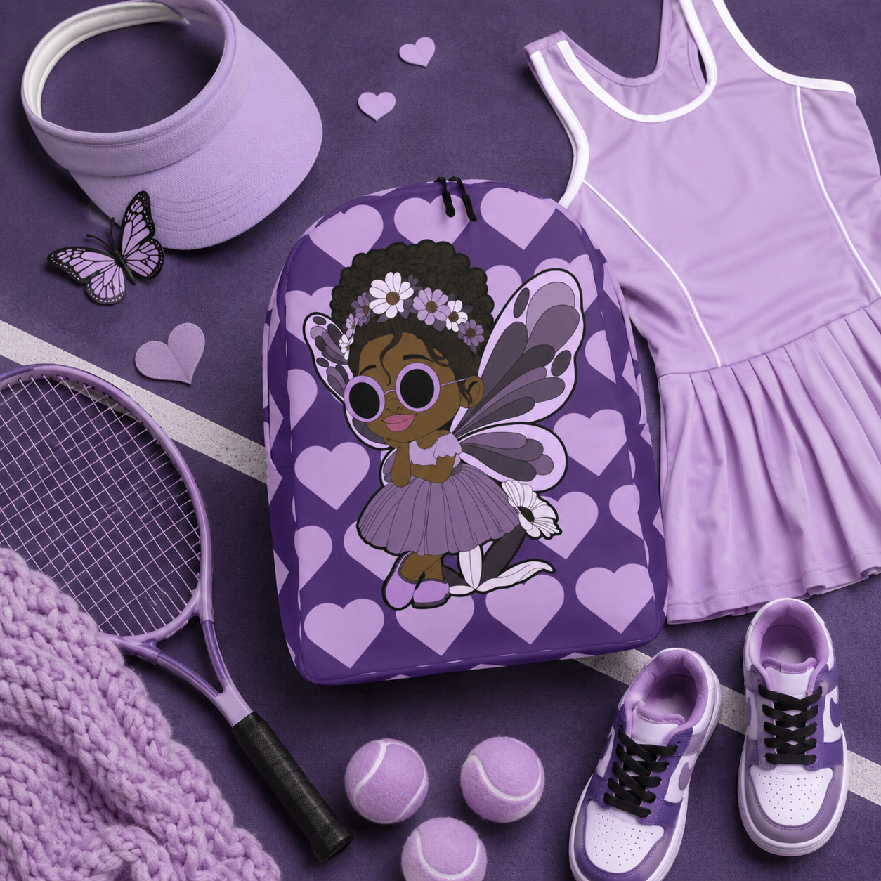 Coco Pixies Marvelous Mia purple backpack featuring a Black pixie with an afro puff, floral crown and lavender wings