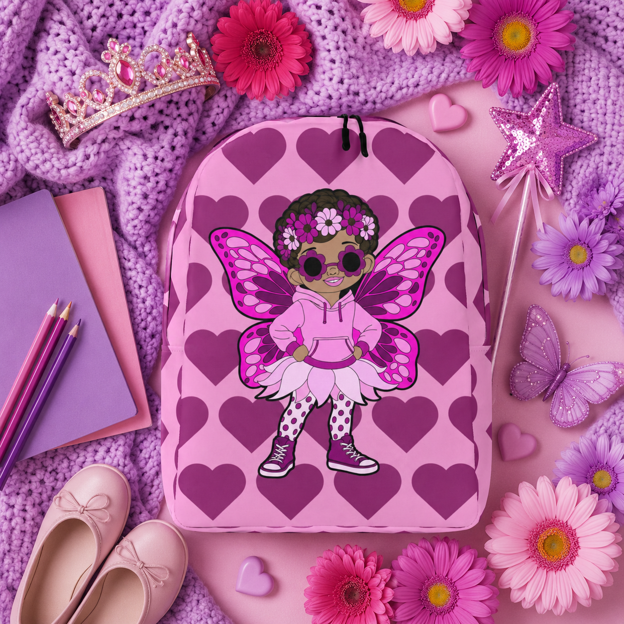 Coco Pixies Teonna Twinklepuff backpack featuring a Black girl pixie with curly puffs, pink wings and berry hearts.