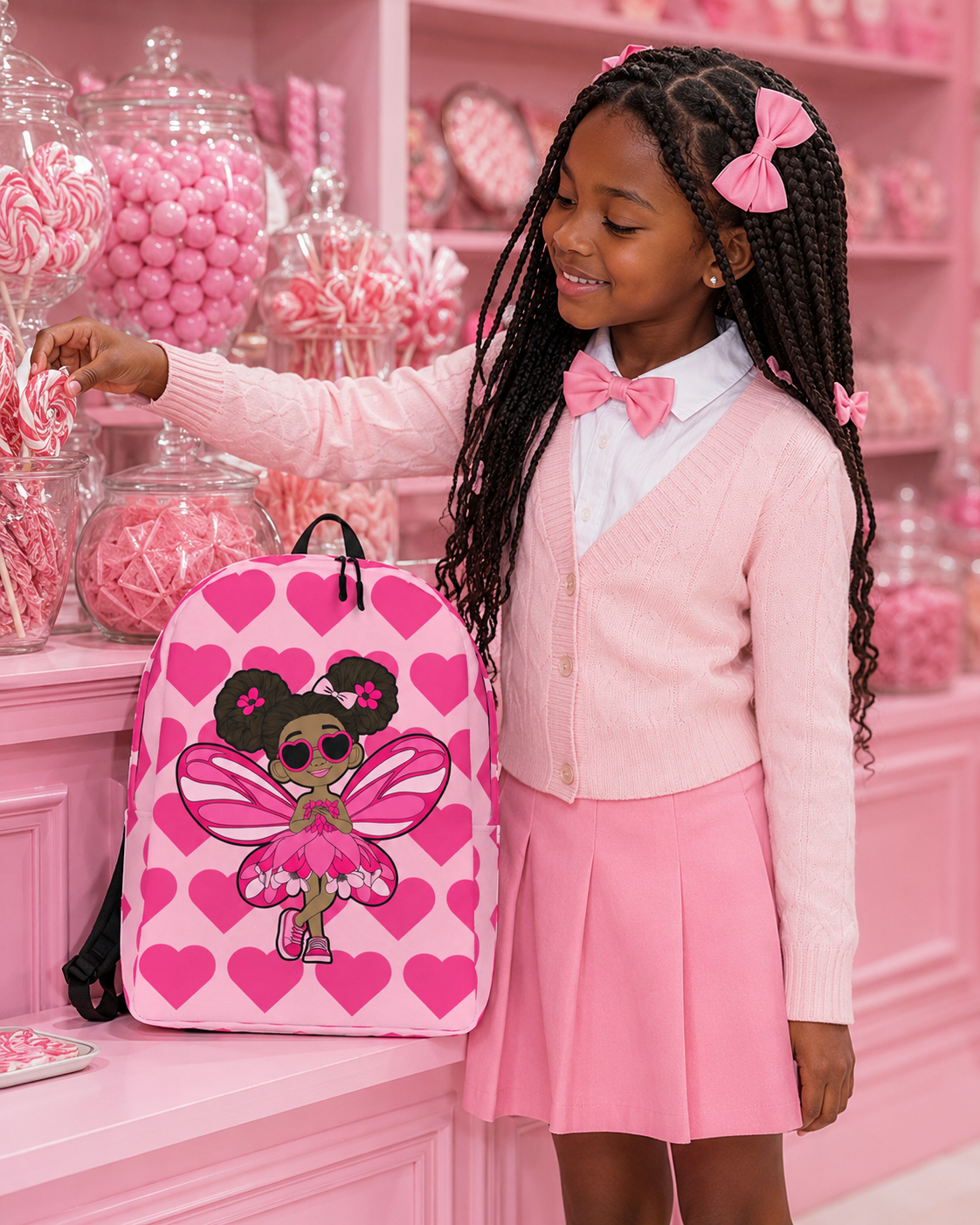 Coco Pixies Glitzy Gracelynn backpack featuring a Black pixie and bubblegum pink signature heart pattern