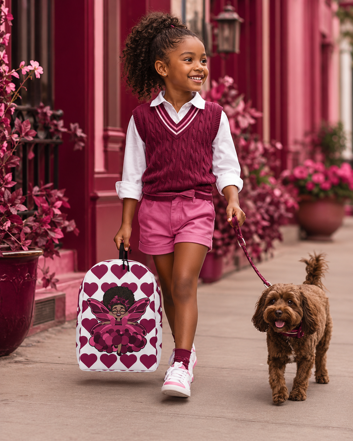 Coco Pixies Delightful Daisy backpack featuring a Black girl pixie and berry Signature Heart Pattern