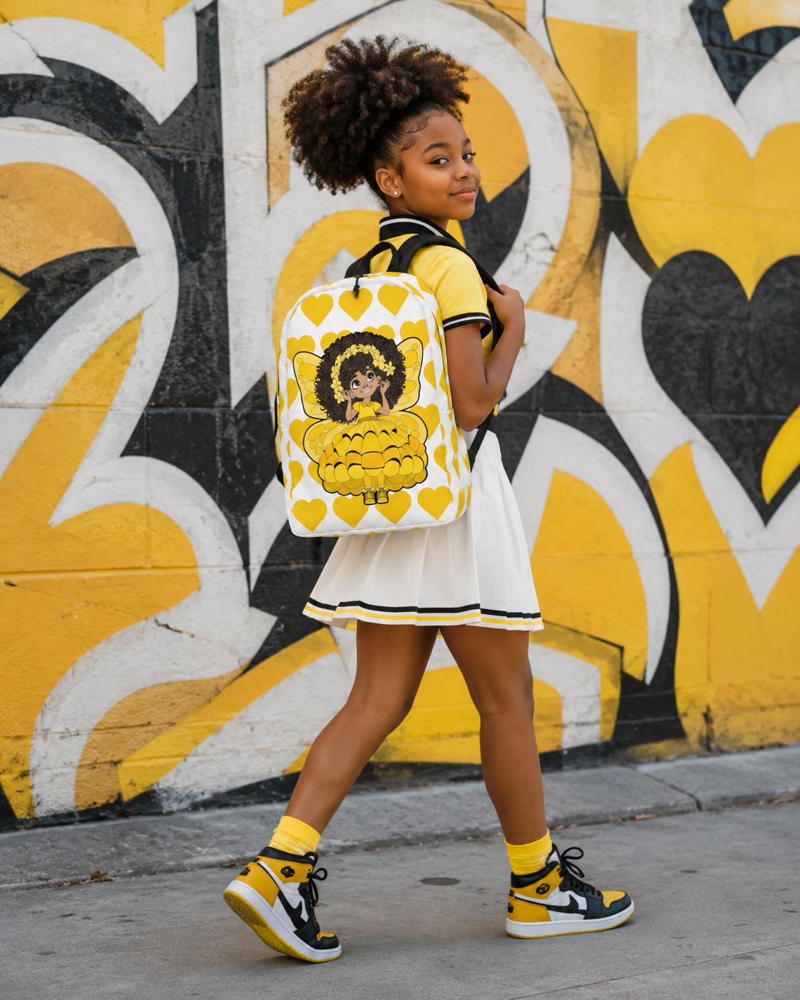 Blissful Brandie Pixie Backpack by Coco Pixies with a Black girl pixie, yellow wings and signature yellow heart pattern