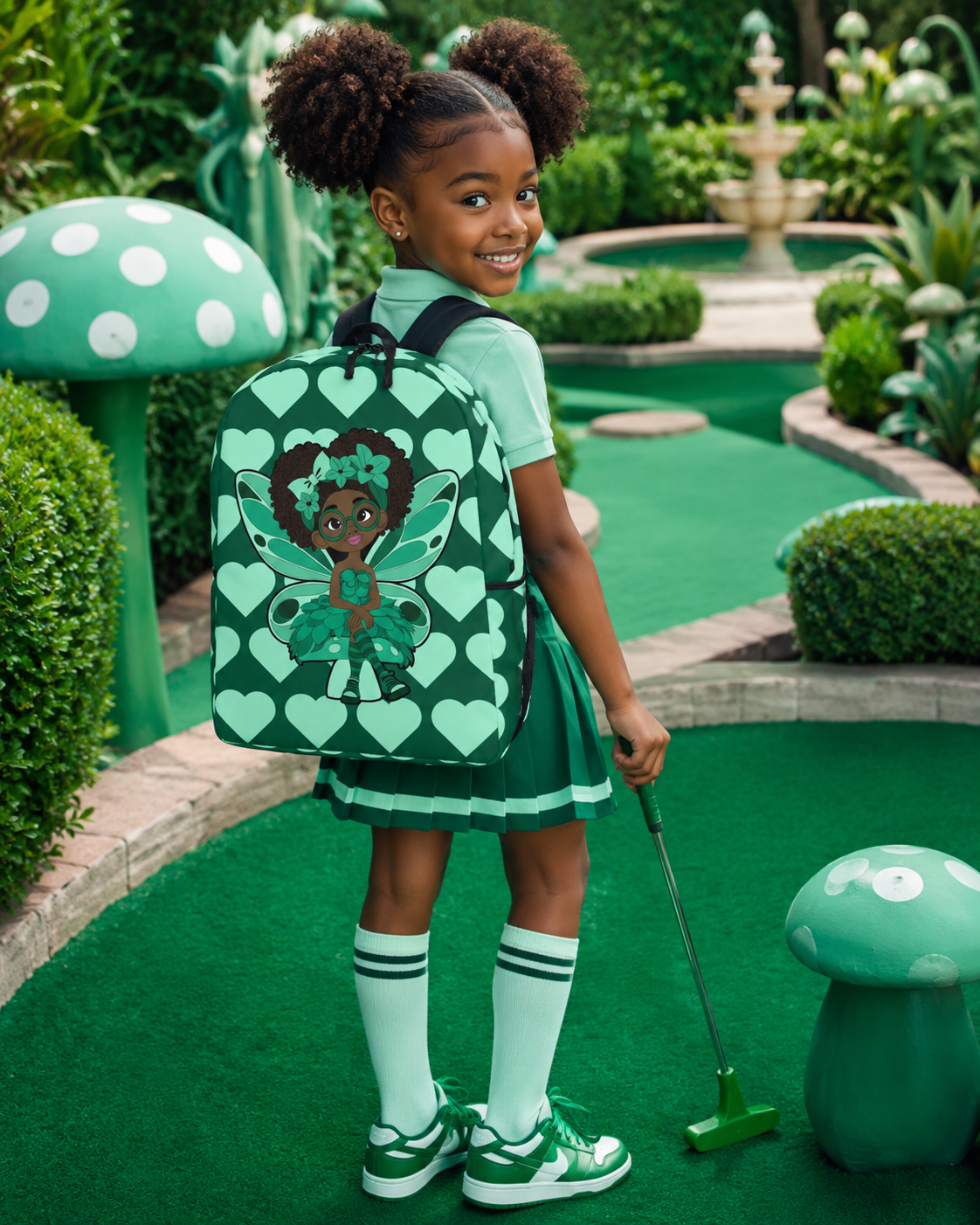 Brilliant Bailey Pixie Backpack by Coco Pixies featuring a Black girl pixie with a curly afro, green wings and mint hearts on emerald green.