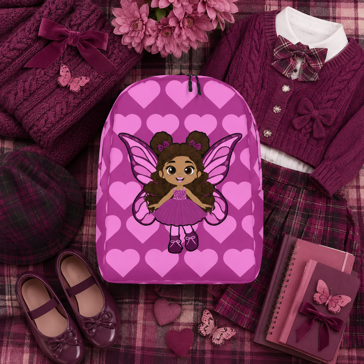 Coco Pixies Fiona Flutter magenta backpack featuring a Black girl pixie with curly hair and pink wings