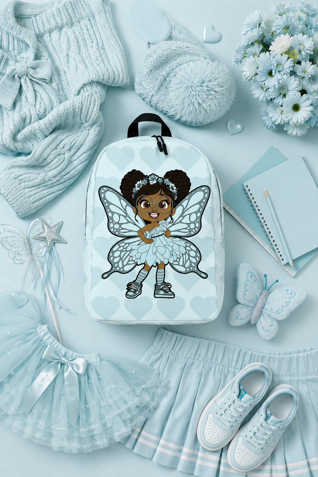 Coco Pixies JoJo Jollypuff backpack featuring afro puffs, round glasses, baby cyan wings, and heart pattern