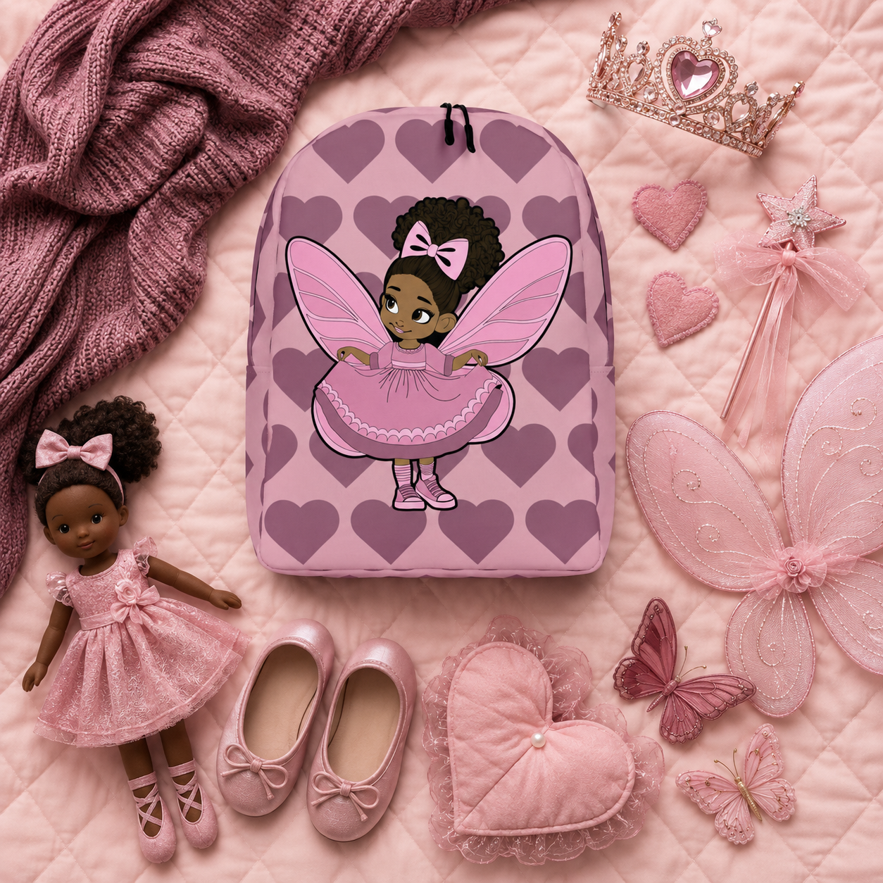 Coco Pixies Darling Daphne backpack with a curly afro puff character, pink wings and mauve hearts.