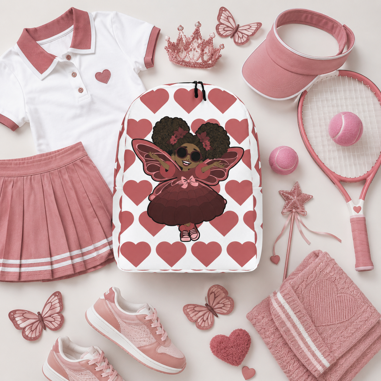 Coco Pixies Radiant Ruby character backpack featuring afro puffs, sunglasses and signature heart print