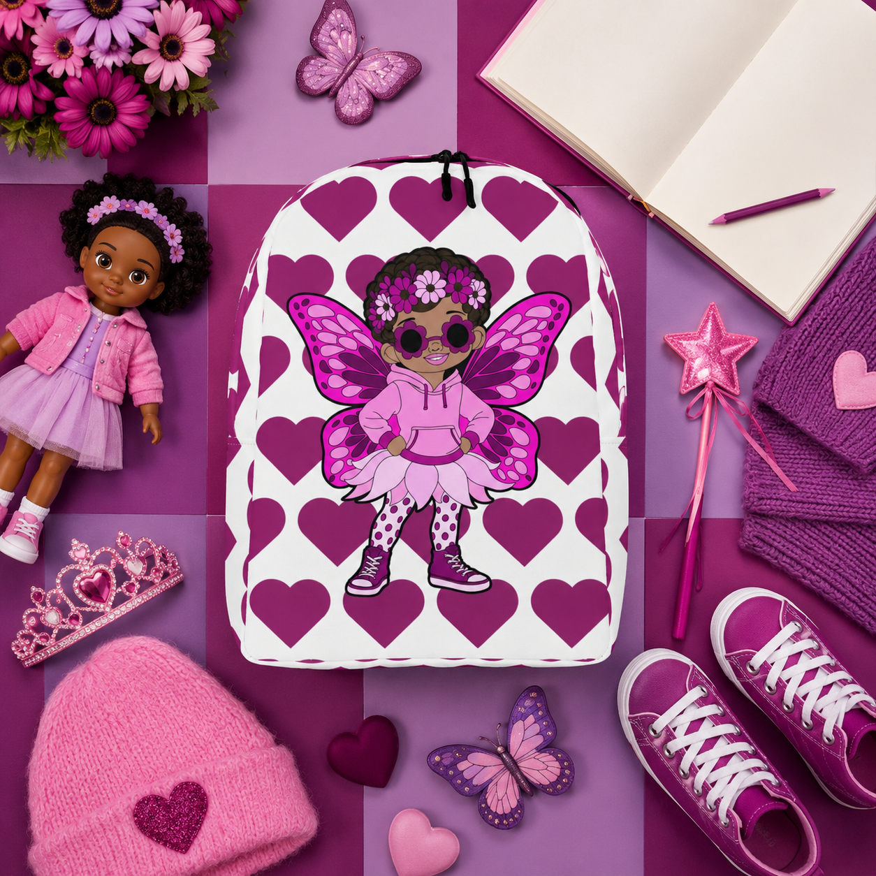Coco Pixies Teonna Twinklepuff backpack featuring a Black girl pixie with curly puffs, a floral crown and magenta hearts.