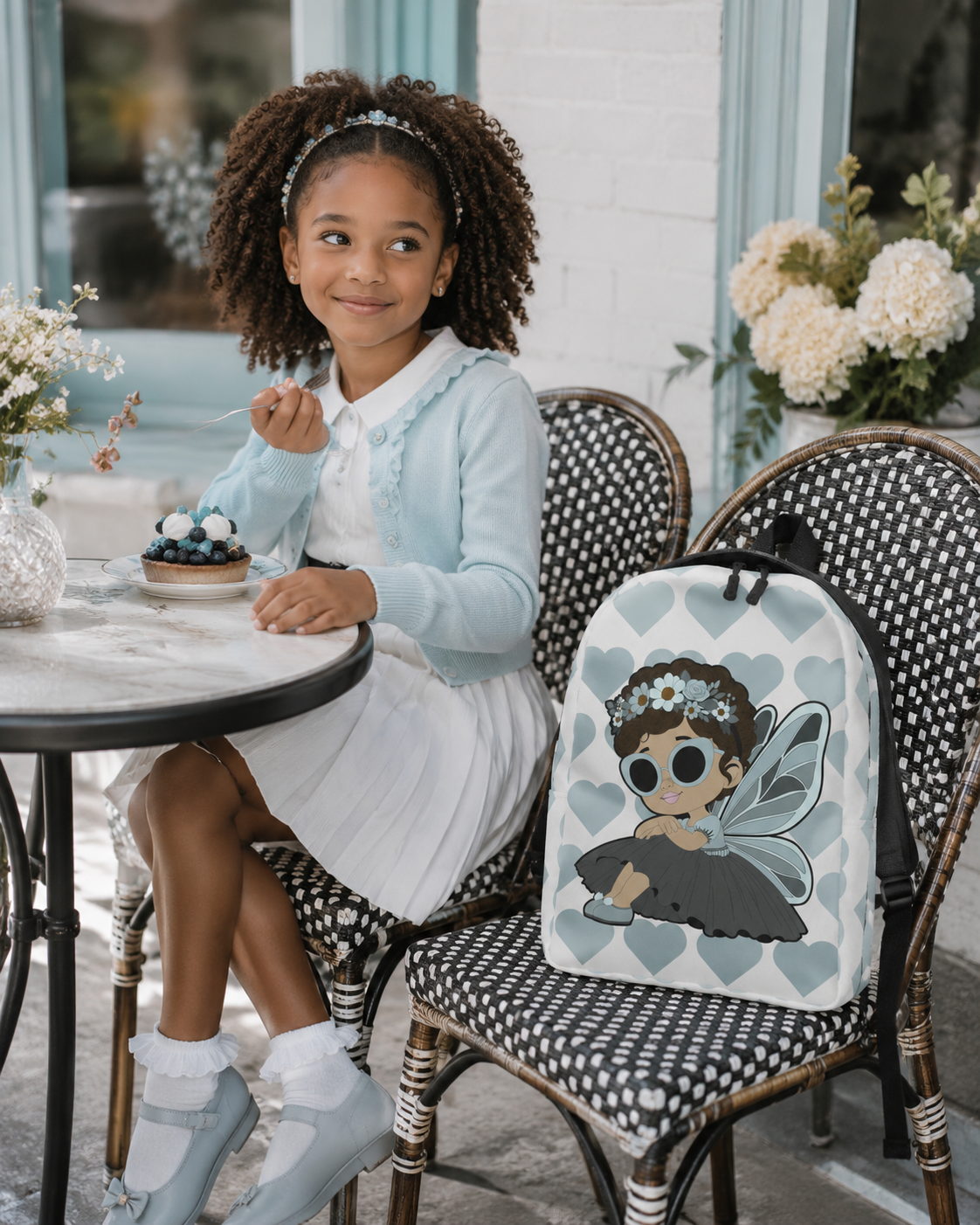 Coco Pixies Pixie Piper Backpack featuring a Black girl pixie, aqua hearts, sunglasses, and floral details