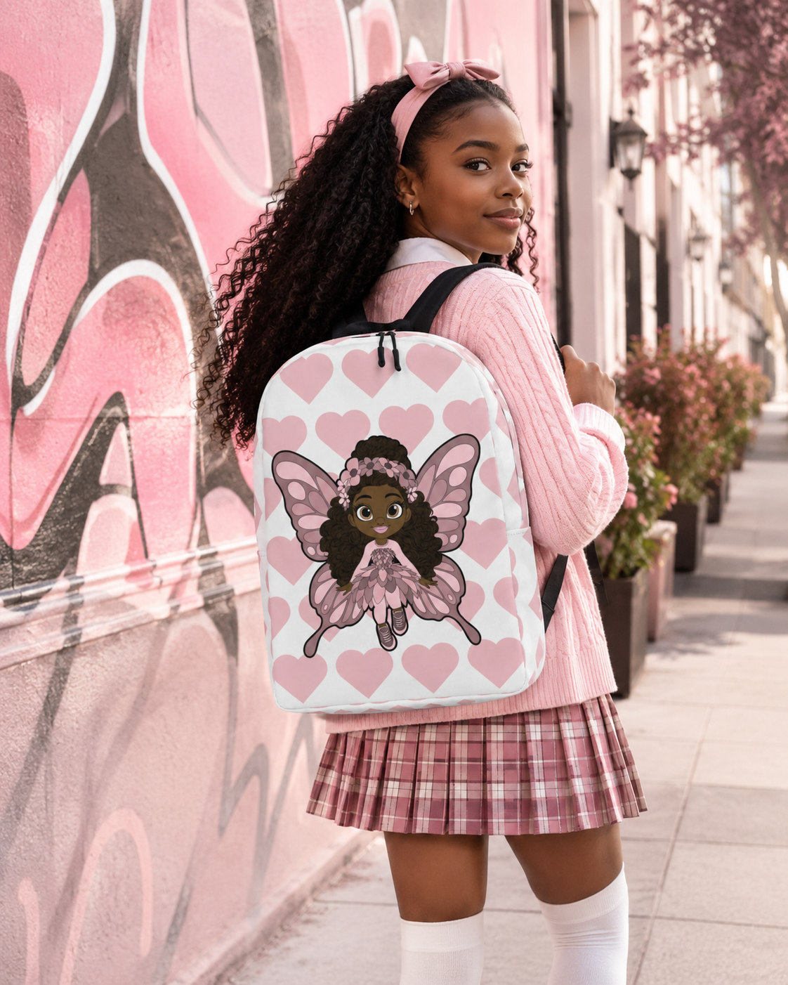 Coco Pixies Penelope Pixie Backpack featuring a Black girl character and blush pink hearts on a white background