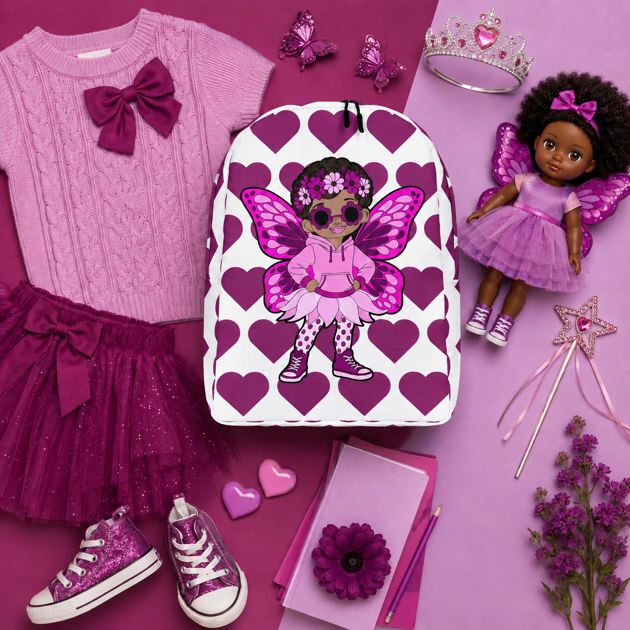 Coco Pixies Teonna Twinklepuff backpack featuring a Black girl pixie with curly puffs, a floral crown and magenta hearts.