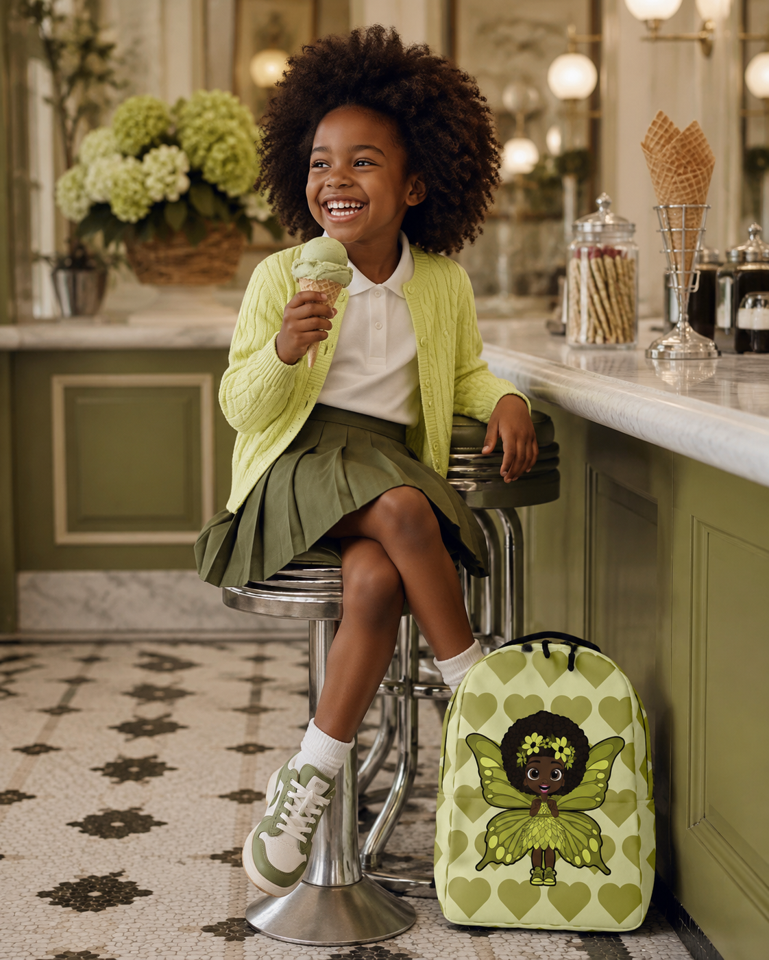 Cheerful Charlotte Pixie Backpack by Coco Pixies featuring a Black girl pixie with natural curls, soft green wings and a soft green signature heart pattern.