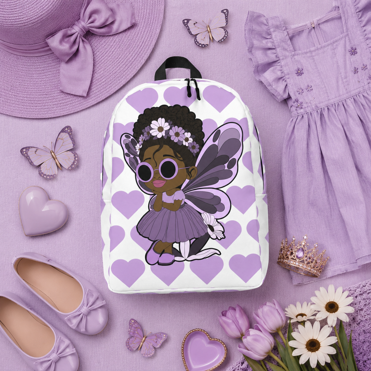 Coco Pixies Marvelous Mia girls backpack featuring a Black pixie with an afro puff, floral crown and purple butterfly wings