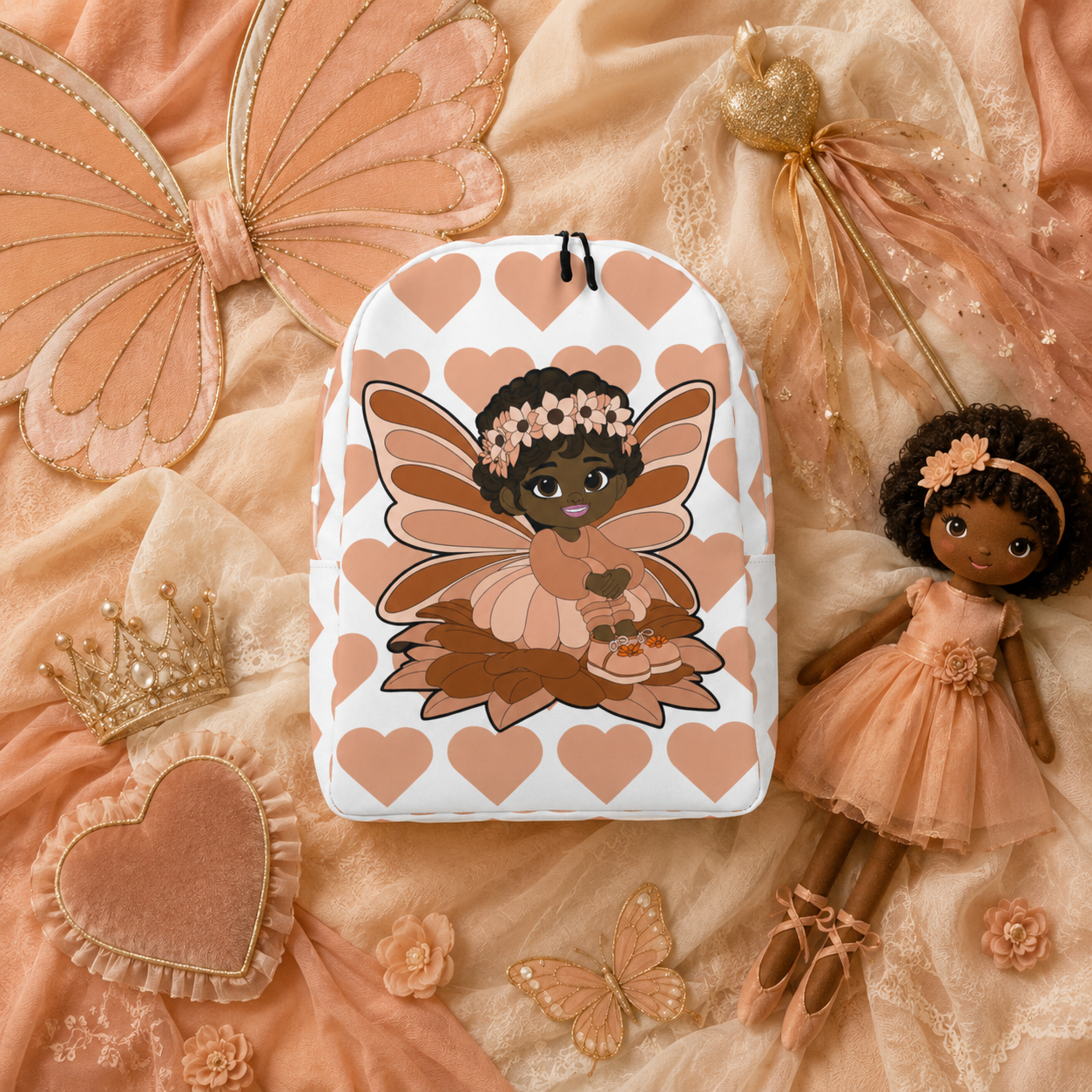 Coco Pixies Signature Heart Pattern Backpack featuring Sweet Sienna, a Black pixie with curls and peach wings