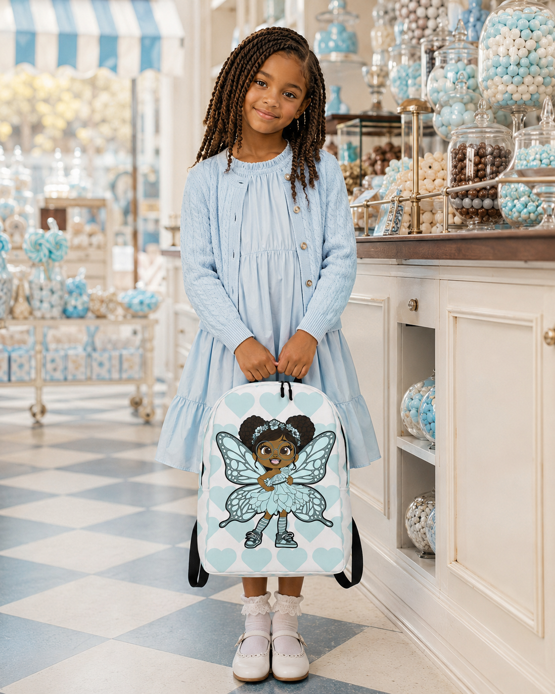 Coco Pixies JoJo Jollypuff backpack featuring afro puffs, glasses, aqua wings, and heart-patterned design