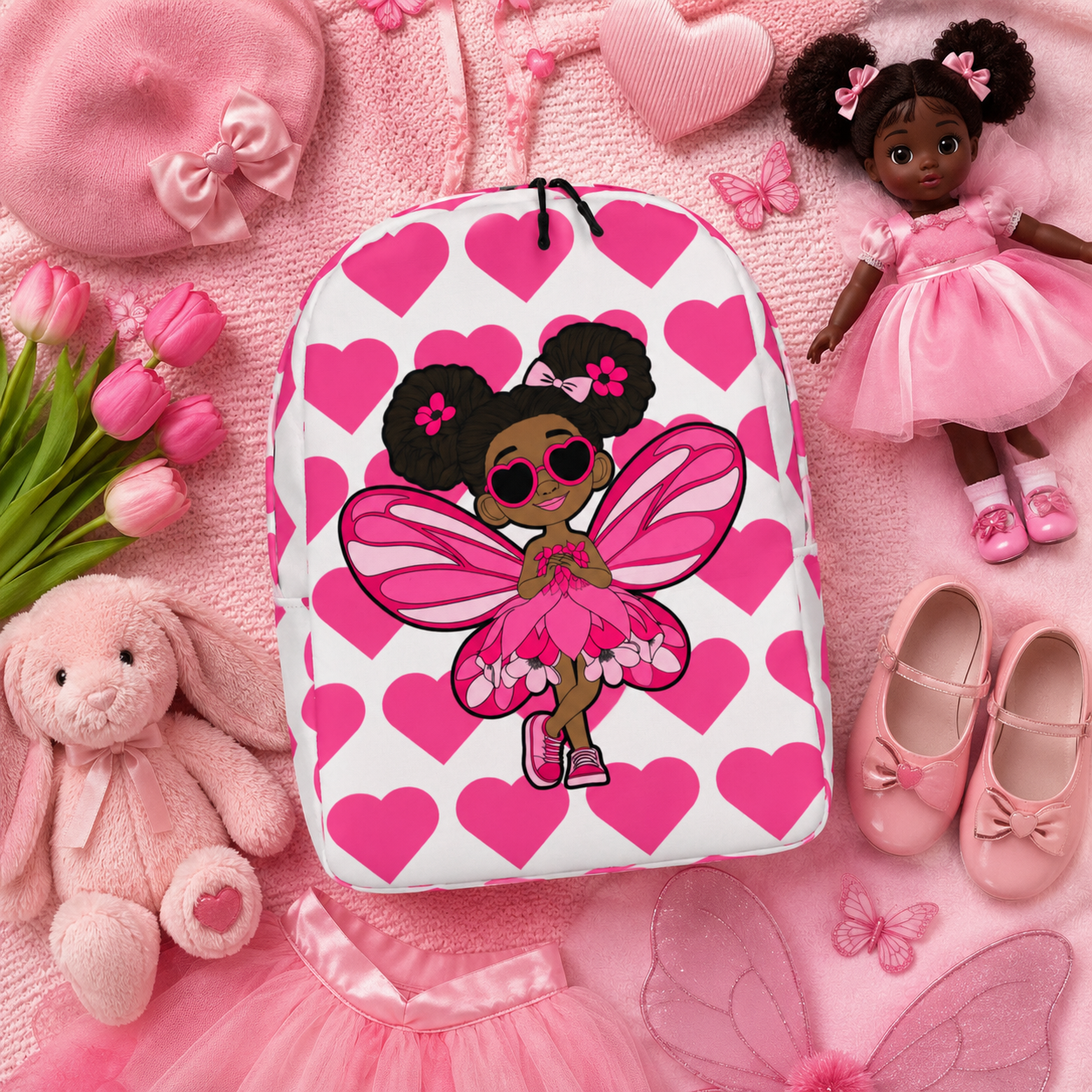 Coco Pixies Glitzy Gracelynn backpack featuring a Black pixie character and bright pink signature heart pattern