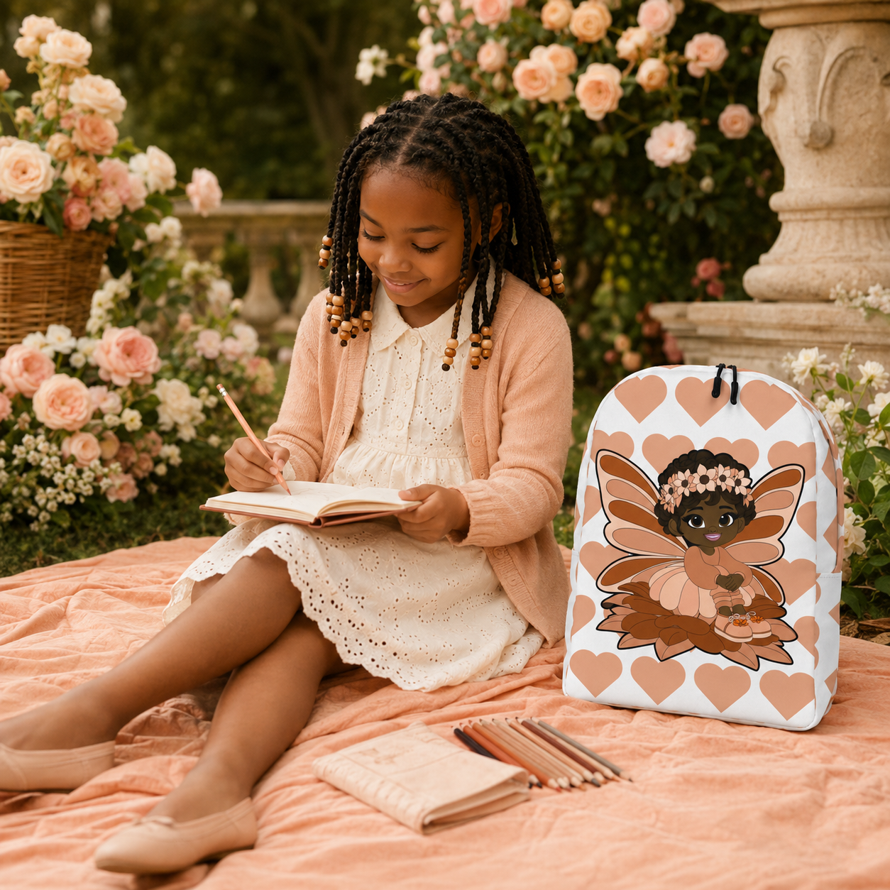 Coco Pixies Signature Heart Pattern Backpack featuring Sweet Sienna, a Black pixie with curls and peach wings
