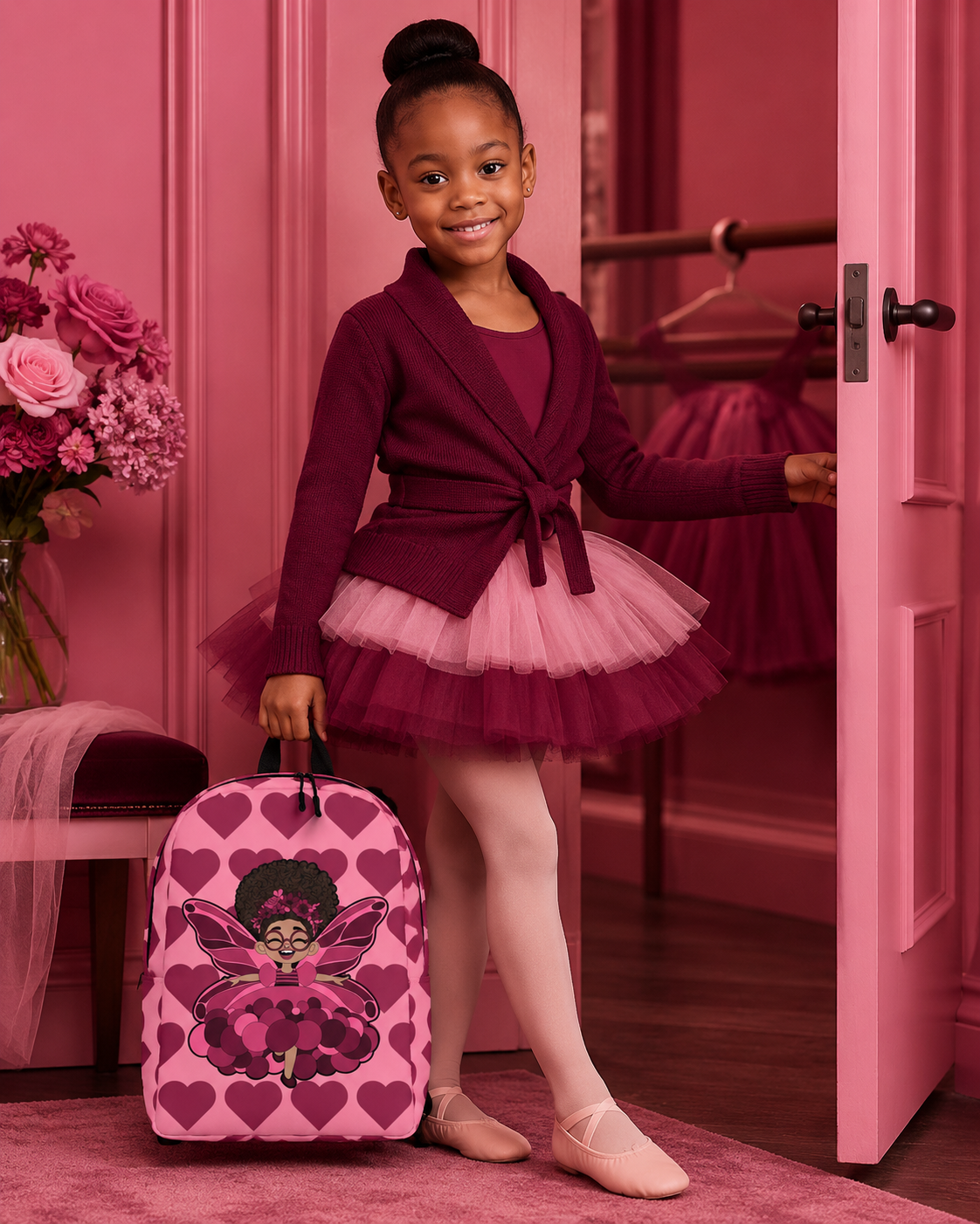 Coco Pixies Delightful Daisy backpack featuring a Black girl pixie and Berry Pink Signature Heart Pattern