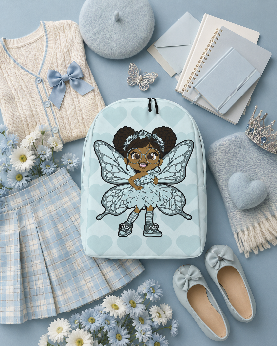 Coco Pixies JoJo Jollypuff backpack featuring afro puffs, round glasses, baby cyan wings, and heart pattern