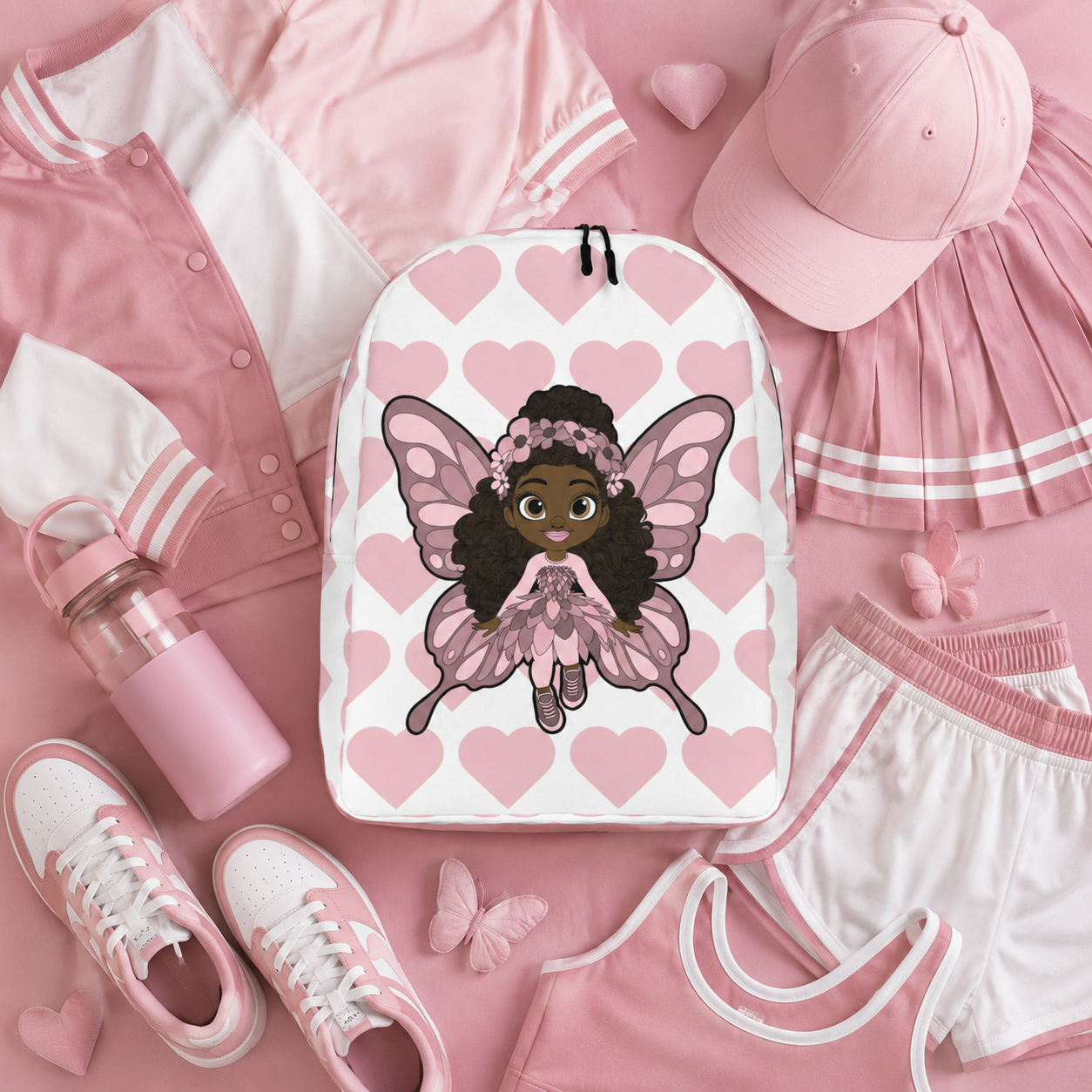 Coco Pixies Penelope Pixie Backpack featuring a Black girl character and blush pink hearts on a white background