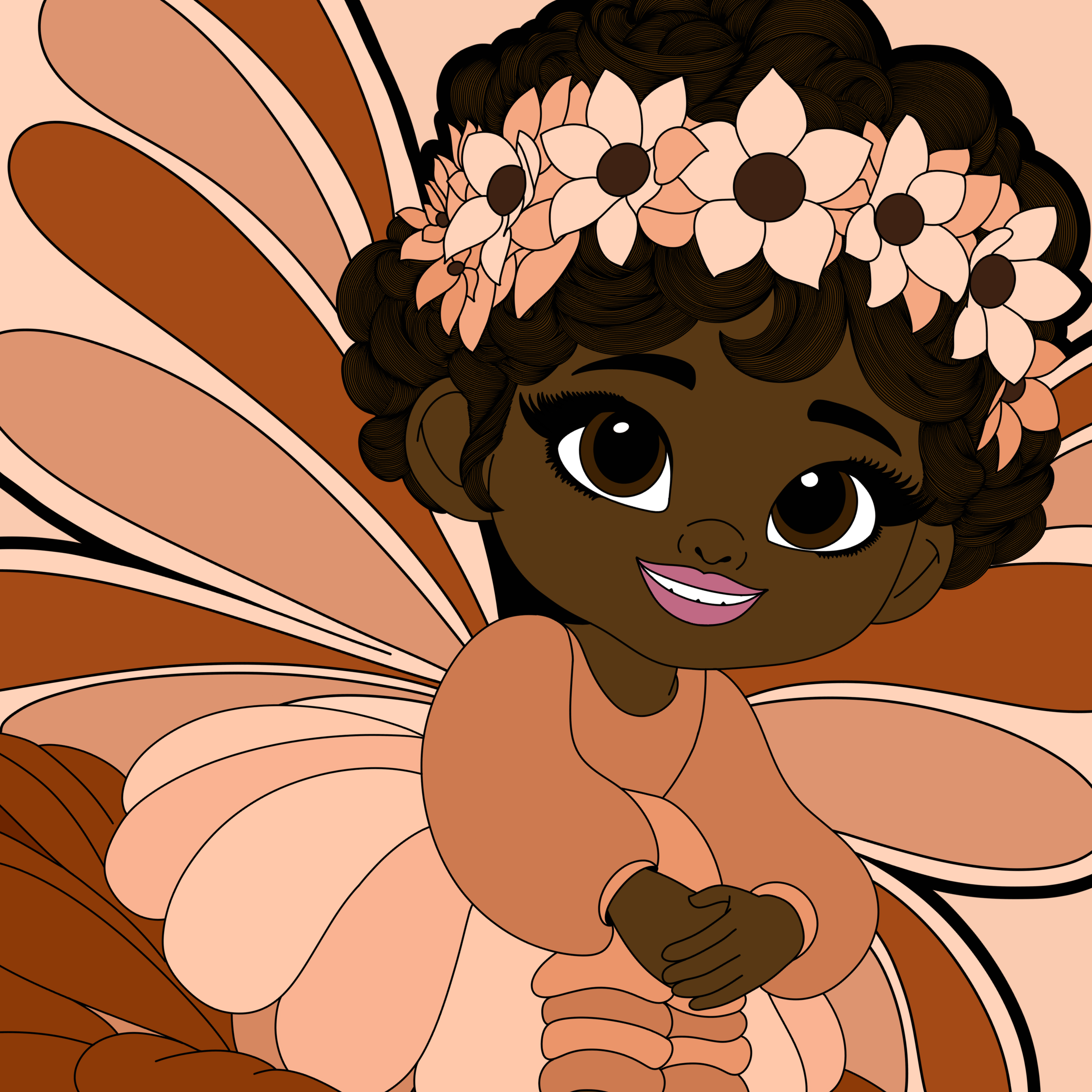 Sweet Sienna Pixie, an original hand-drawn Black girl pixie with deep chocolate brown skin, a curled natural updo and peach flower crown, wears a peach dress, brown and peach wings and floral sneakers.