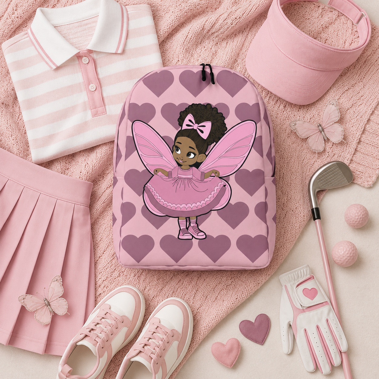 Coco Pixies Darling Daphne backpack with a curly afro puff character, pink wings and mauve hearts.