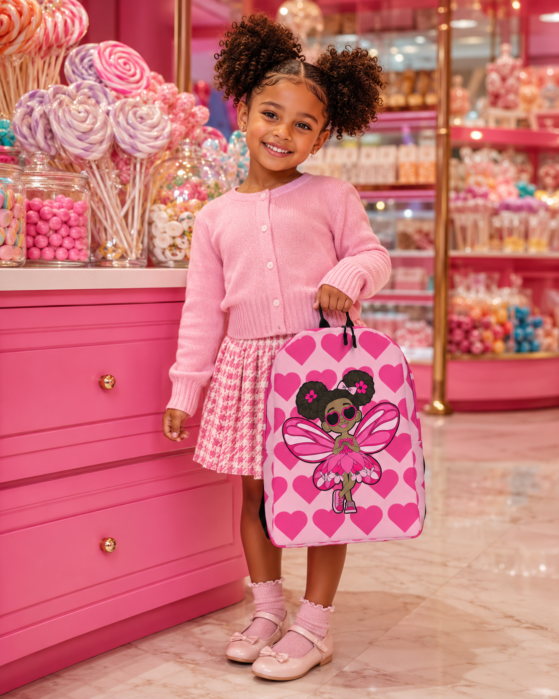 Coco Pixies Glitzy Gracelynn backpack featuring a Black pixie and bubblegum pink signature heart pattern