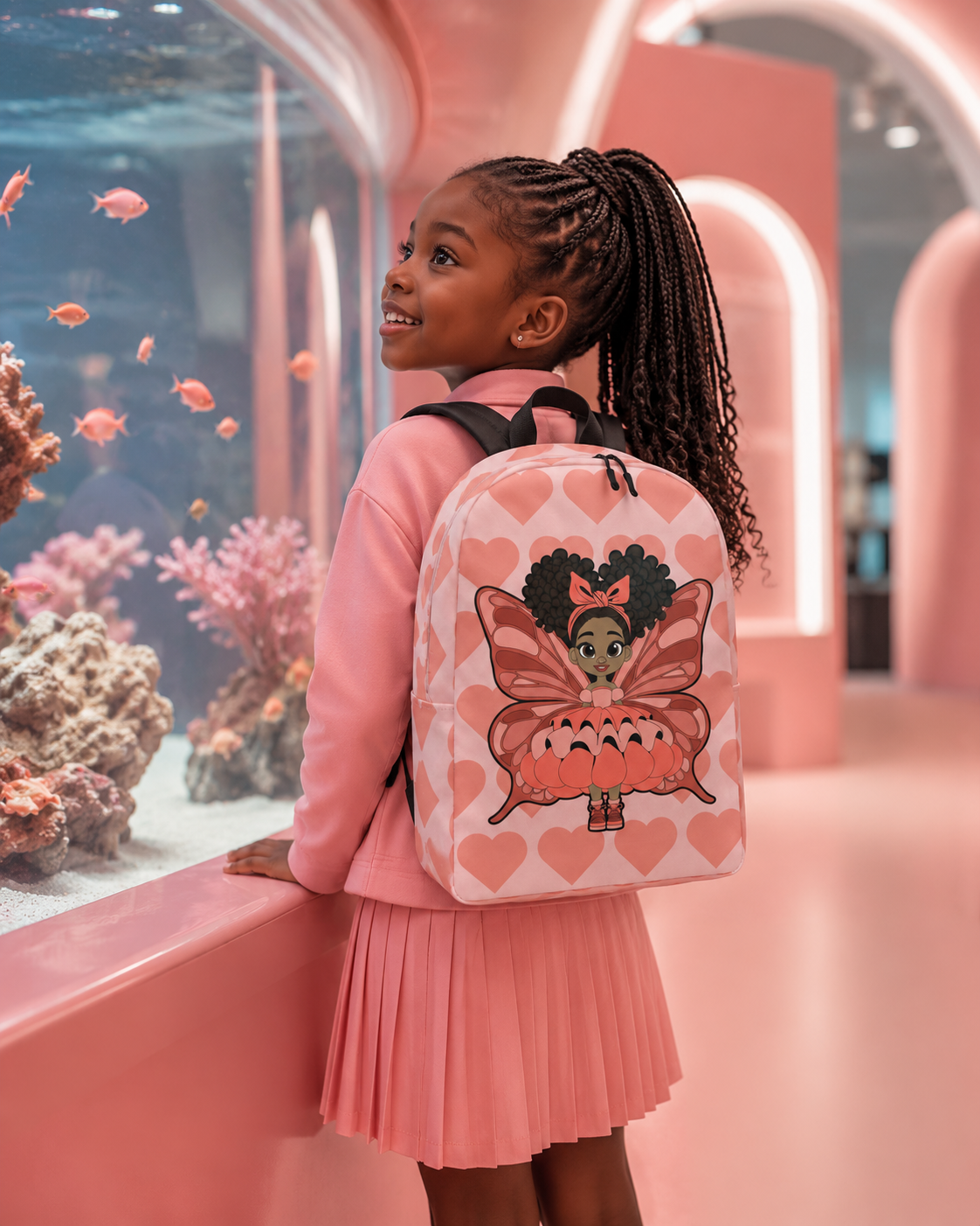 Coco Pixies Lovely Layla children’s backpack featuring a Black girl pixie and Coral Signature Heart Pattern