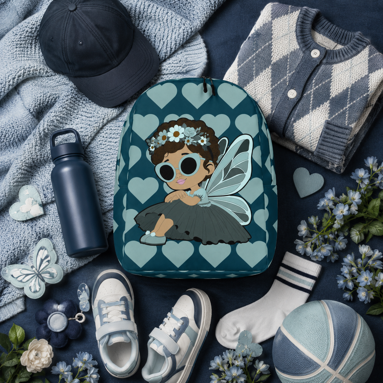 Coco Pixies Pixie Piper Backpack featuring aqua teal hearts, curly hair, sunglasses, and detailed pixie wings