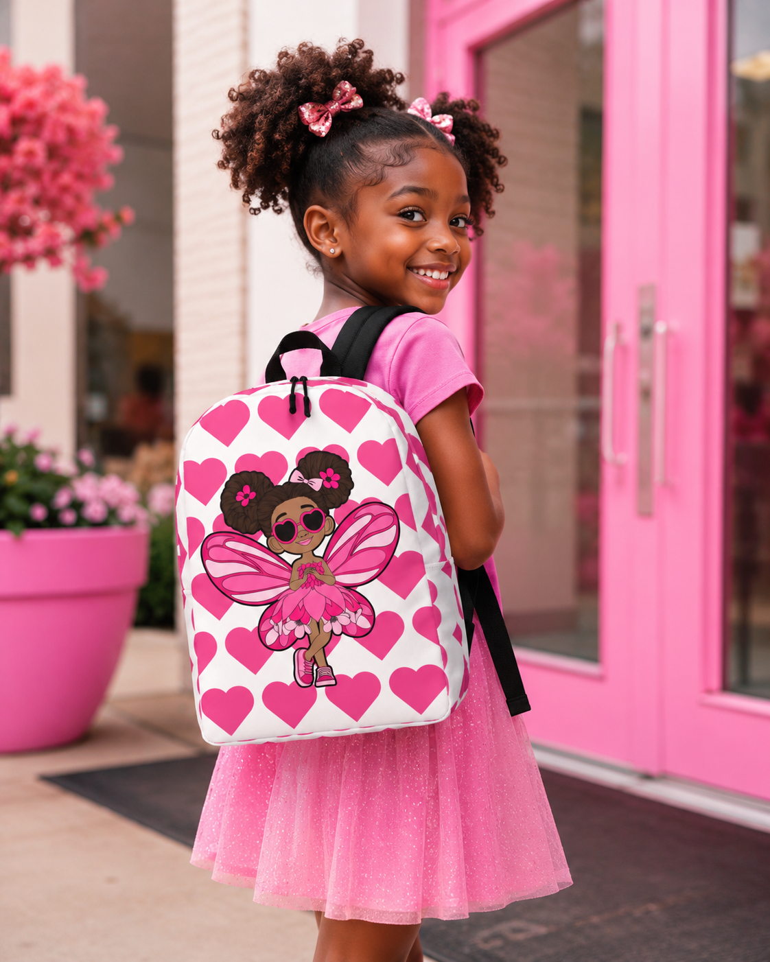 Coco Pixies Glitzy Gracelynn backpack featuring a Black pixie character and bright pink signature heart pattern