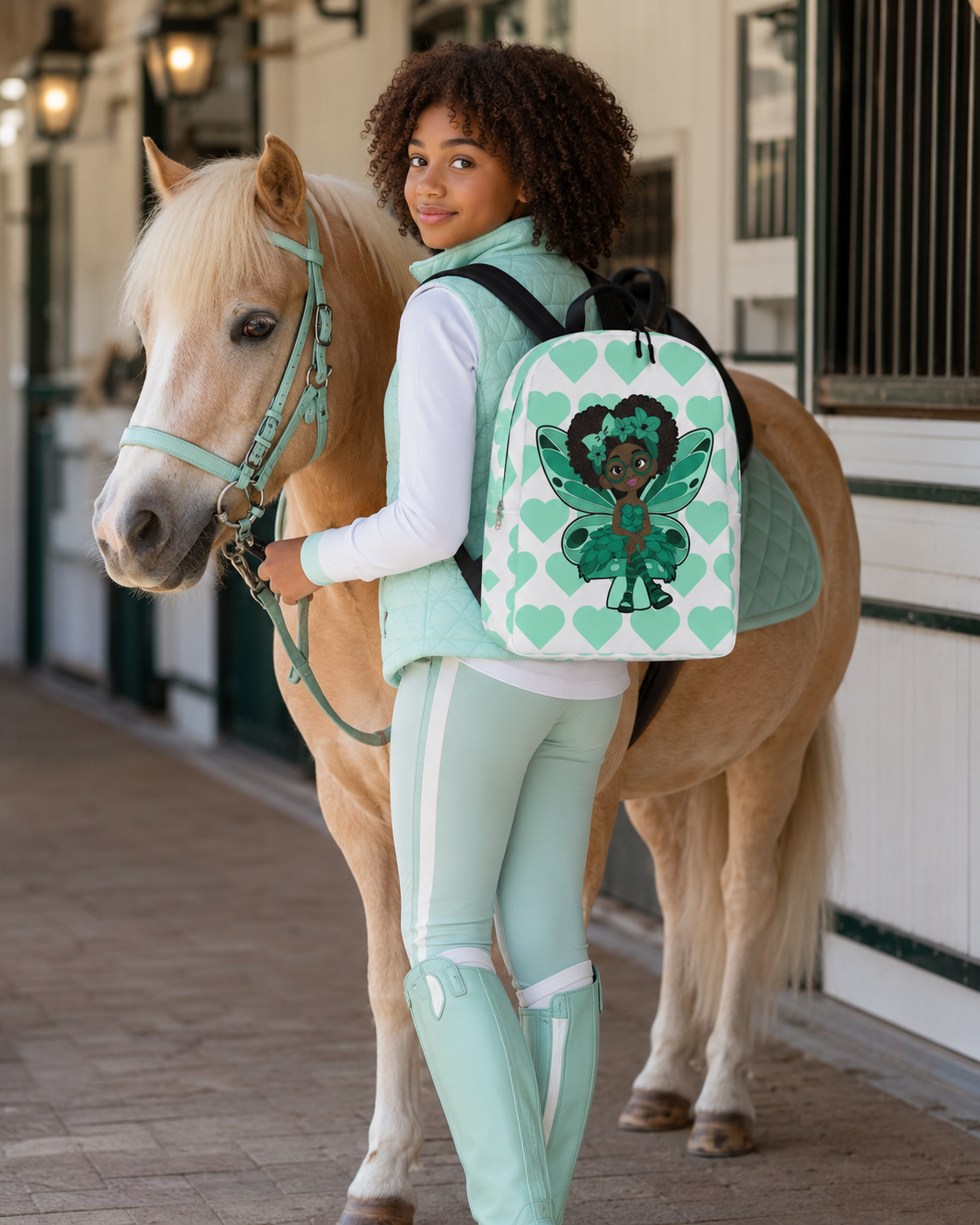 Brilliant Bailey Pixie Backpack by Coco Pixies featuring a Black girl pixie with a curly afro, green wings and a mint heart pattern.