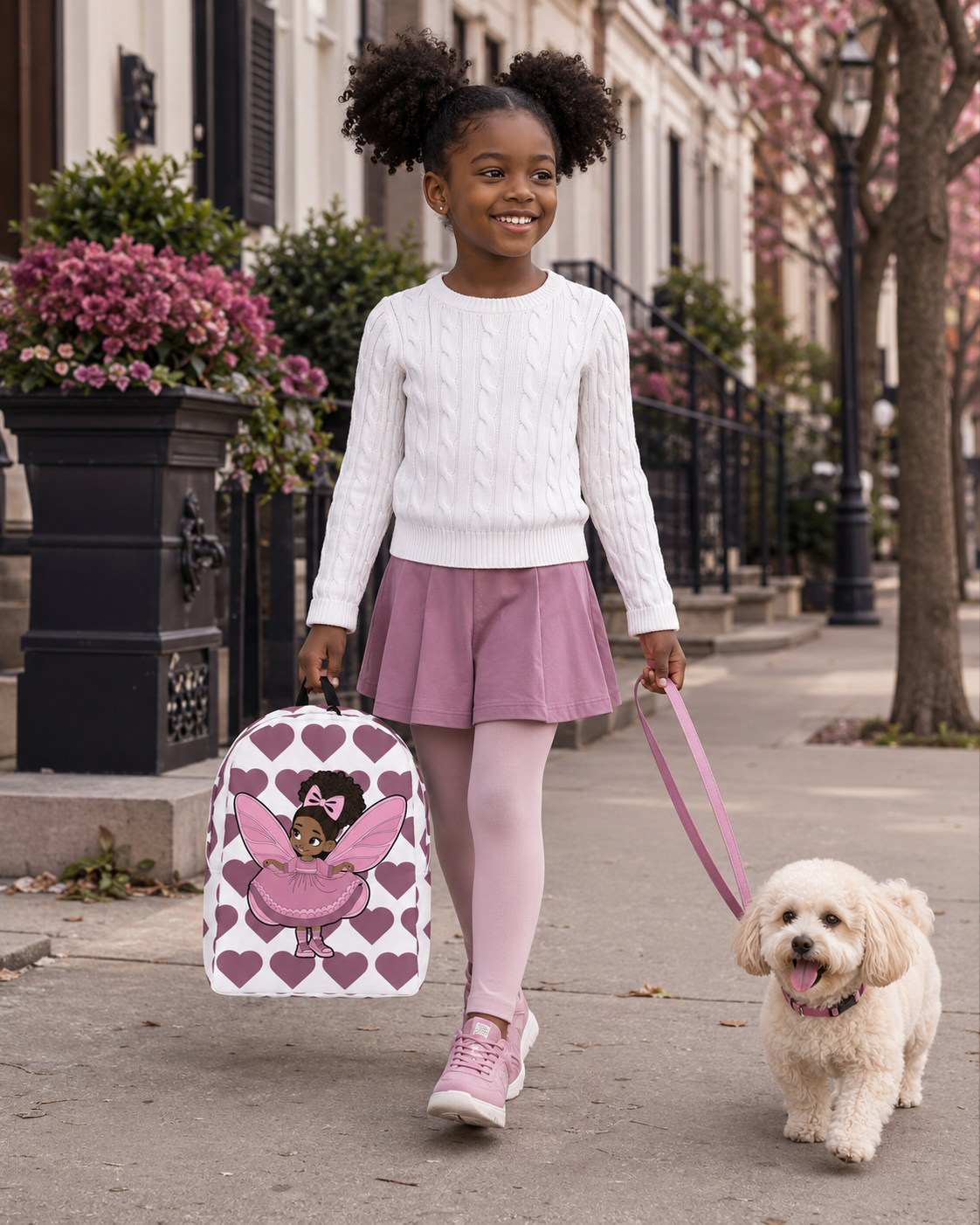 Darling Daphne Pixie Backpack by Coco Pixies with a pink pixie, curly afro puff and mauve heart pattern.