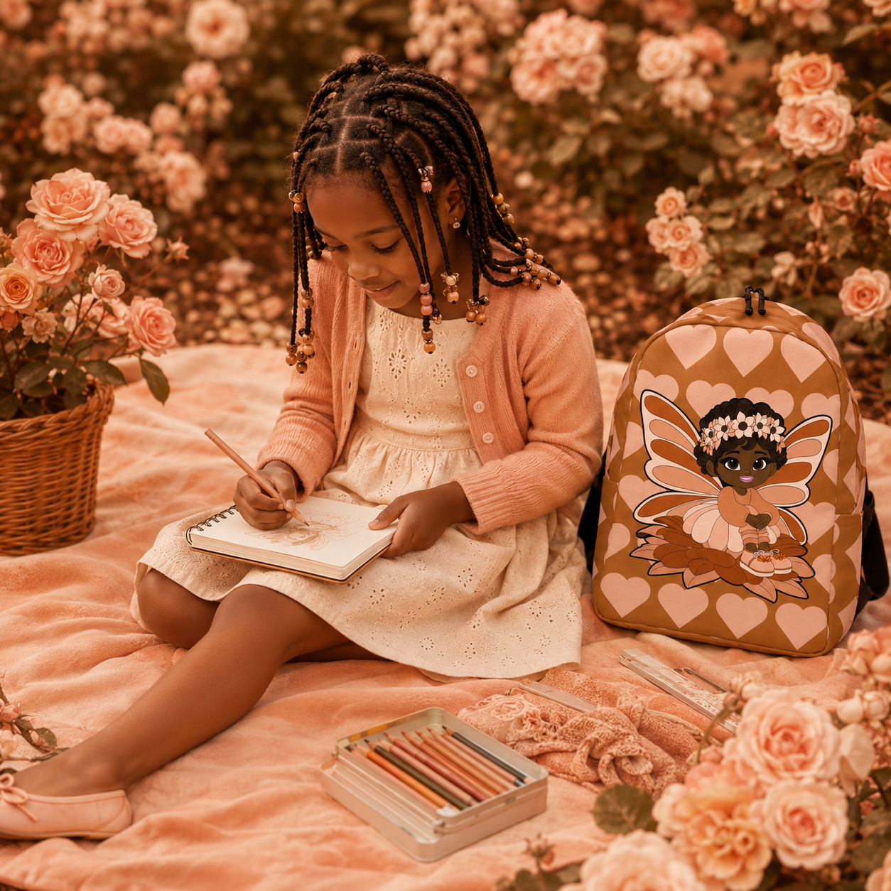 Coco Pixies Sweet Sienna school backpack featuring a Black pixie, floral crown, wings, and mocha heart pattern