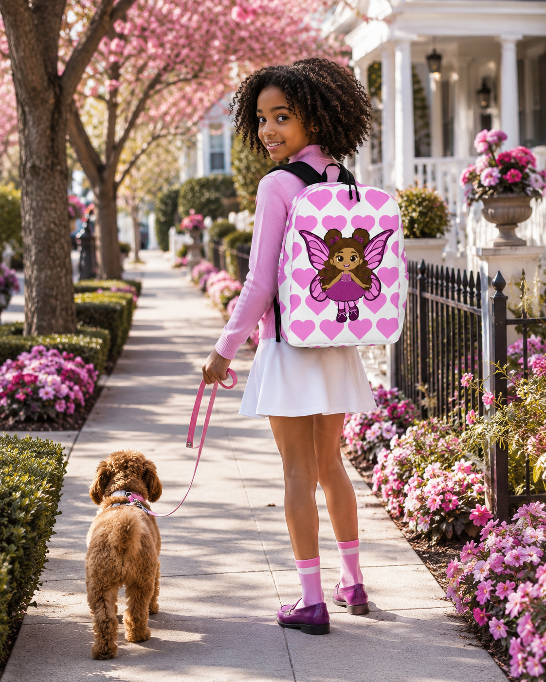 Coco Pixies Fiona Flutter character backpack featuring curly puff buns, pink wings, and heart print