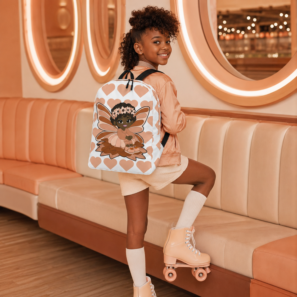 Coco Pixies Signature Heart Pattern Backpack featuring Sweet Sienna, a Black pixie with curls and peach wings