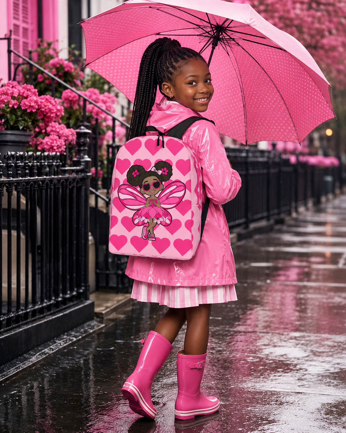 Coco Pixies Glitzy Gracelynn backpack featuring a Black pixie and bubblegum pink signature heart pattern