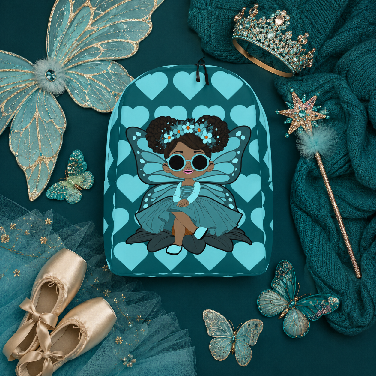 Coco Pixies Sassy Sammy backpack featuring a Black pixie character and deep teal signature heart pattern