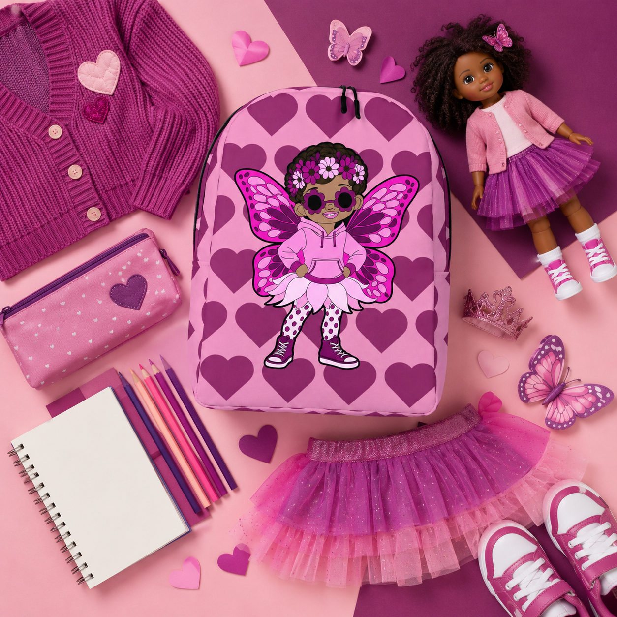 Coco Pixies Teonna Twinklepuff backpack featuring a Black girl pixie with curly puffs, pink wings and berry hearts.